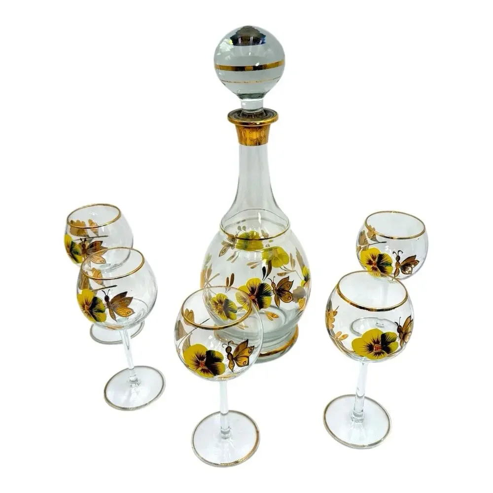 Vtg Romanian Hand Painted Crystal Floral Decanter & 5 Stemmed Glasses Yellow EUC